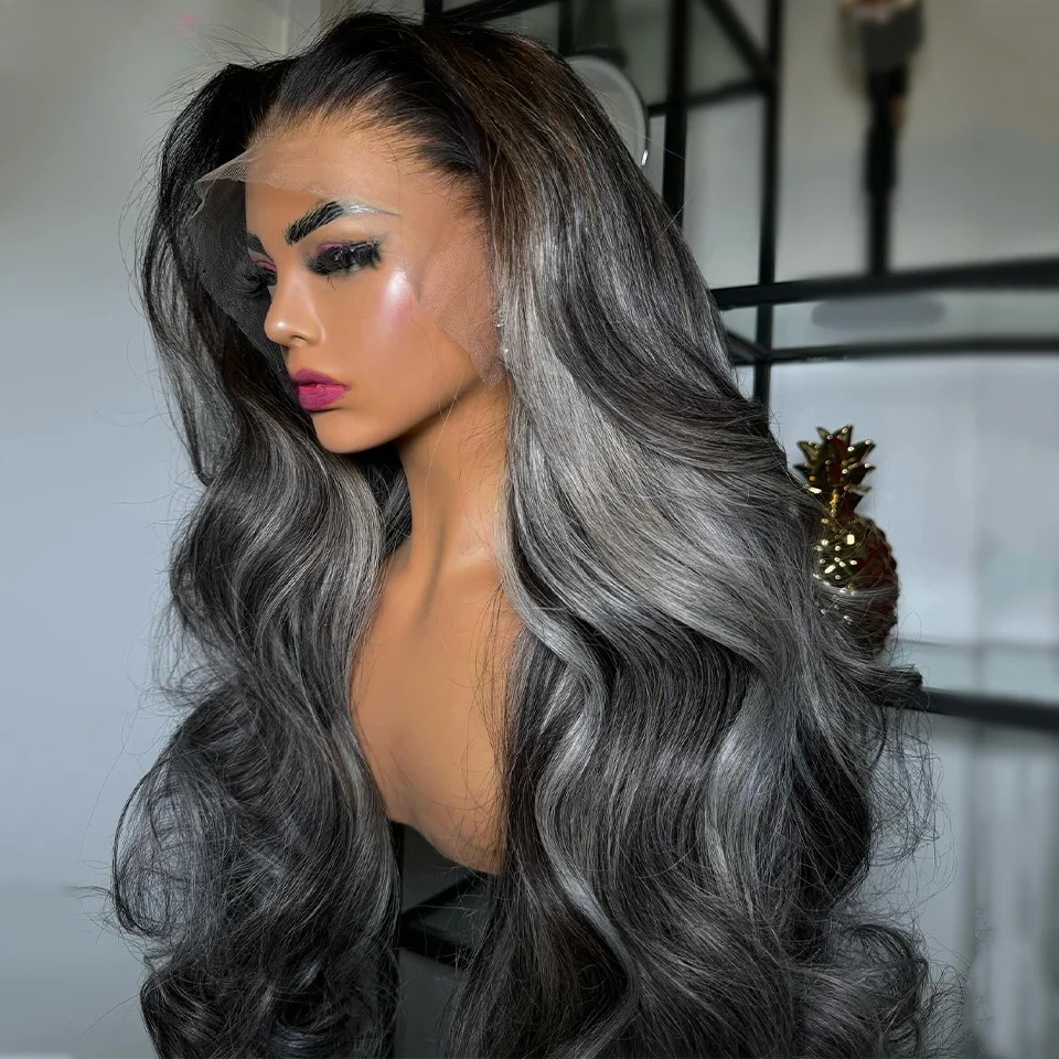 Silver Grey Highlight Human Hair Wigs For Black Women Gluelesss 13x6 13x4 Lace Frontal Wig Colored Pre-Cut Body Wave Transparent Lace Front Wigs