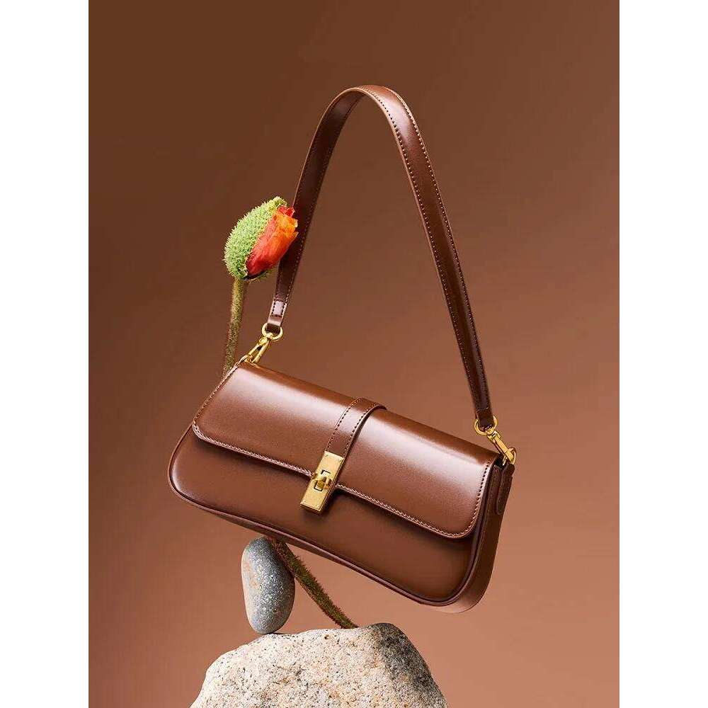 Genuine Leather Women Baguette Shoulder Cowhide Solid Color Handbag Underarm Fashion Ladies Shopping Bag Gift