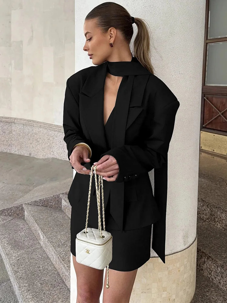 Trendix Solid Slim Elegant Jacket Womens Autumn Lace Up Patchwork Long Sleeve Bodycon Blazer Femme Office Coats 250901