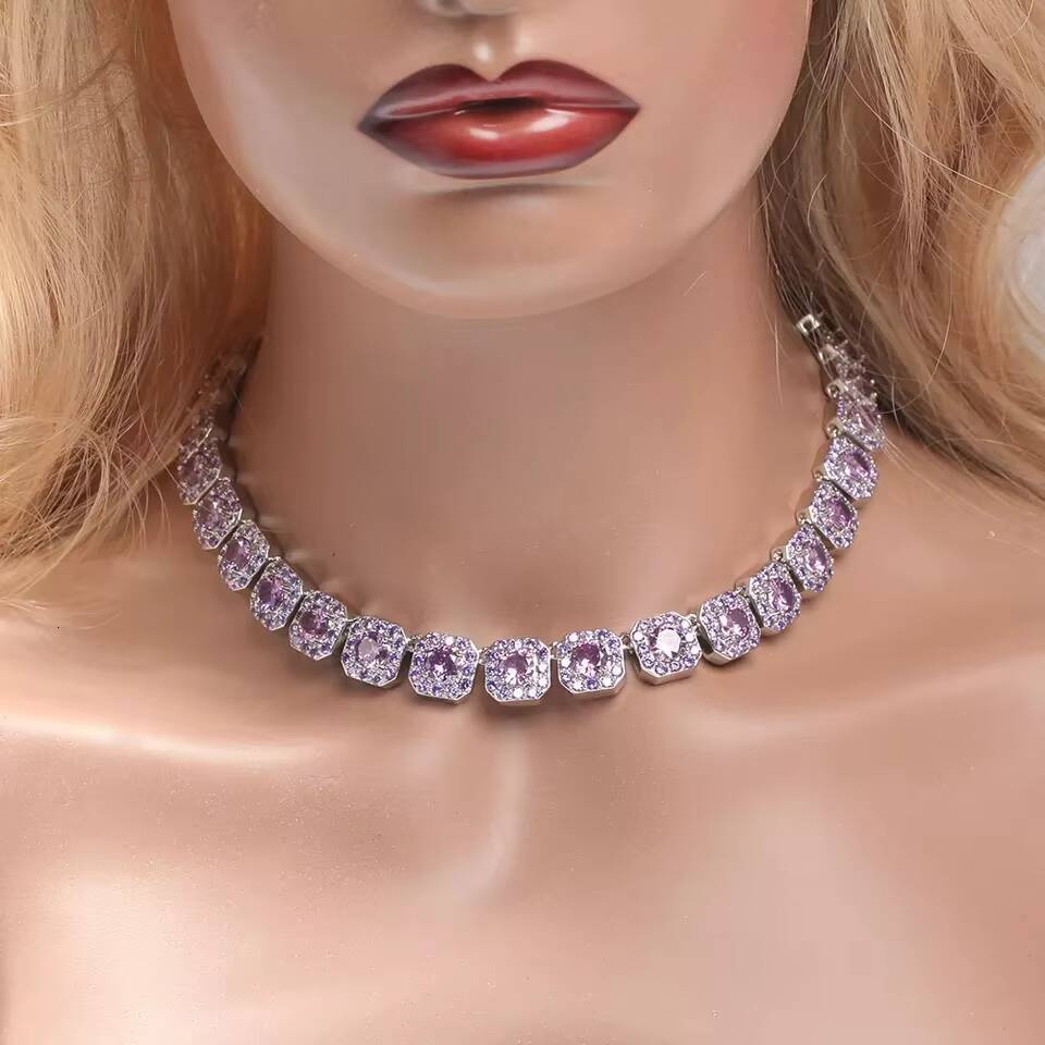 Luxury Diamond Women Cluster Necklace White Gold Plated Iced Out PinkBlue CZ Clustered Tennis Chain
