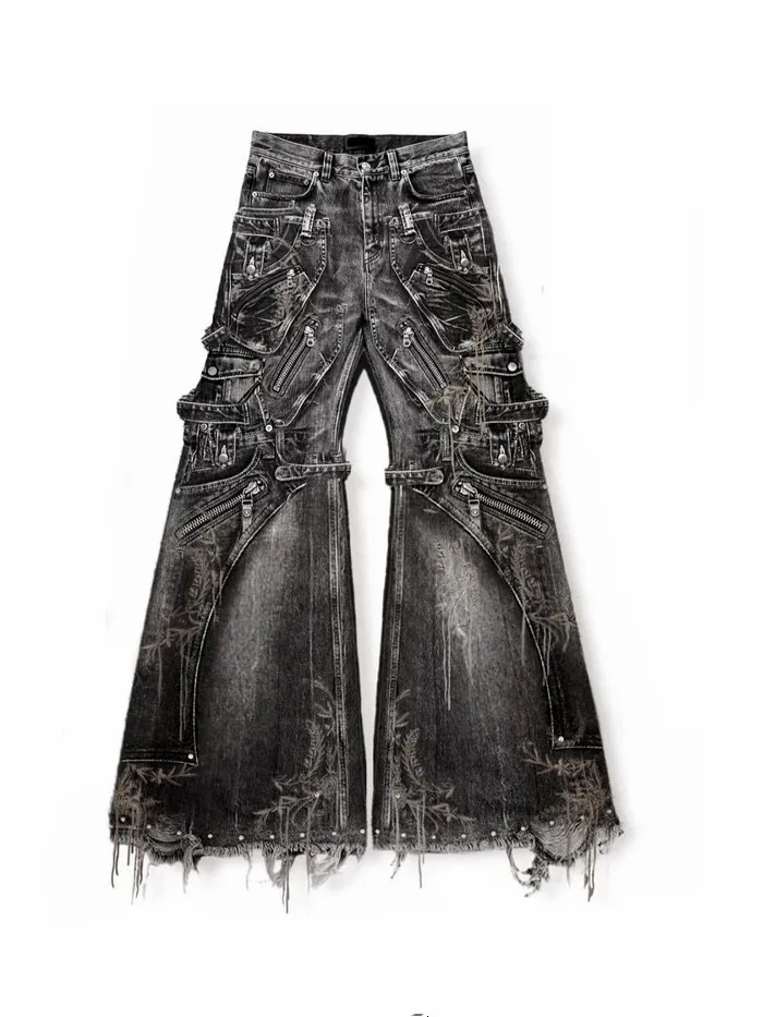 Y2K Streetwear Gothic Cargo Baggy Jeans Oversized Multi Pocket Wide Leg Pants with Zippers Straps Ripped Distressed Men Womens 250829