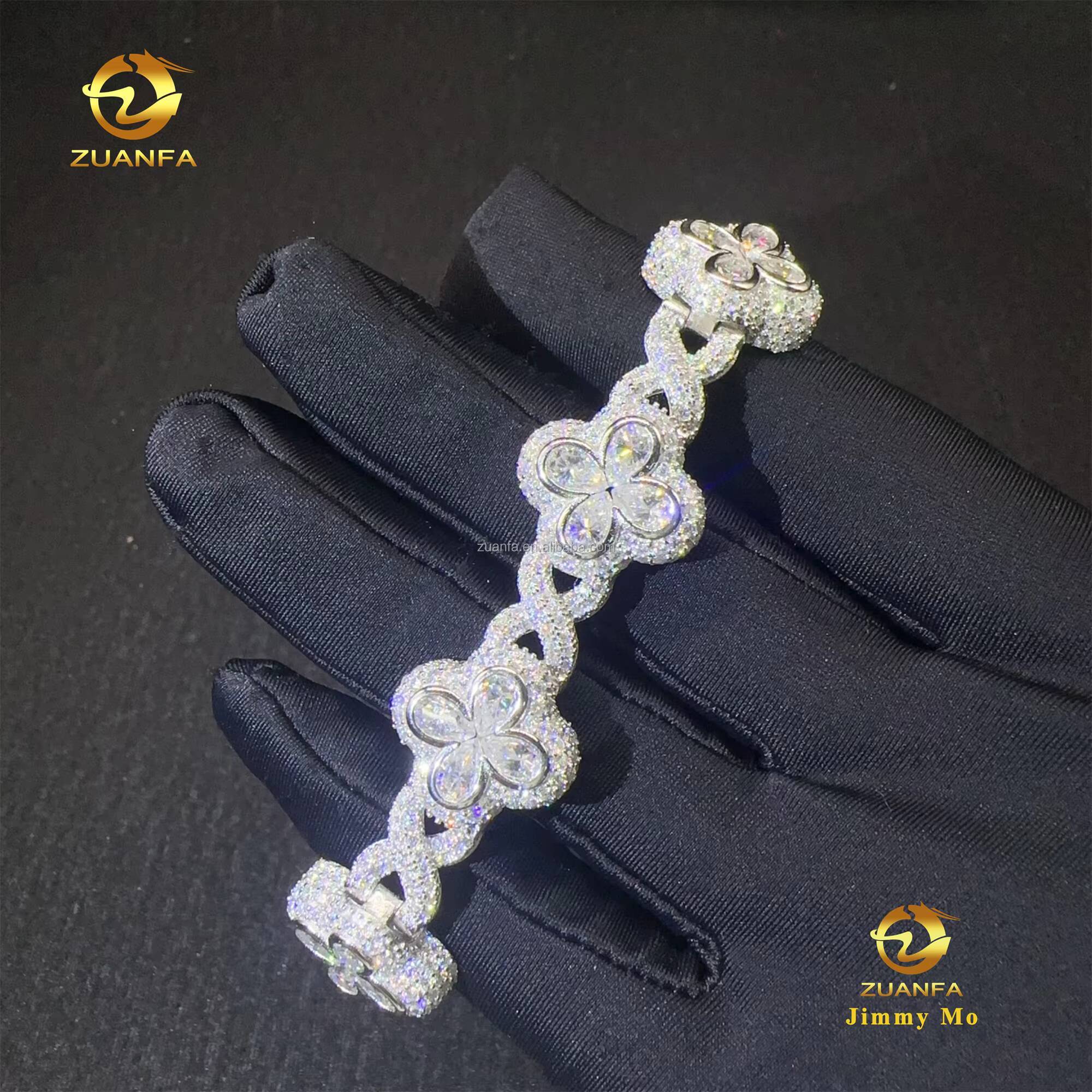 New Arrivals Popular 18mm Pear Flower Design Hip Hop Jewelry Iced Out Blue Green Moissanite Infinity Cuban Link Bracelet Men