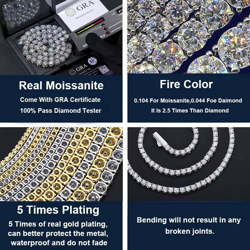 Fine Hip Hop Jewelry White Gold Plated 925 Sterling Silver VVS Moissanite Diamond Iced Out Tennis Chain Bracelet for Men Women