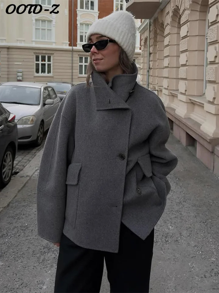 Woolen Solid Women Coat Full Sleeve Lapel Female Jacket Elegant Autumn Winter Casual Button Front Pocket Lady Oversize Top 250911