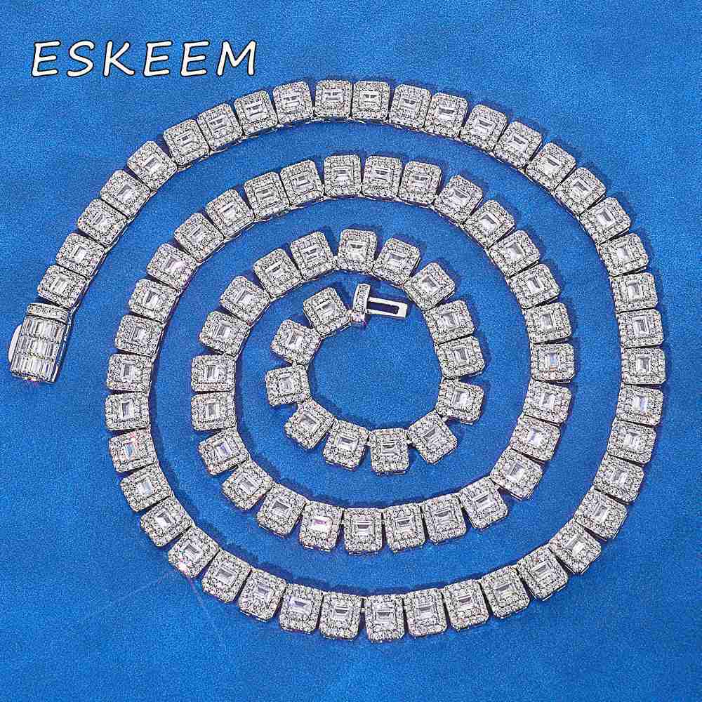 Eskeem Hip Hop Tennis Chain 925 Silver Mixed Inlay Baguette Cut VVS Moissanite Necklace Iced Out Silver Plated Fine Jewelry