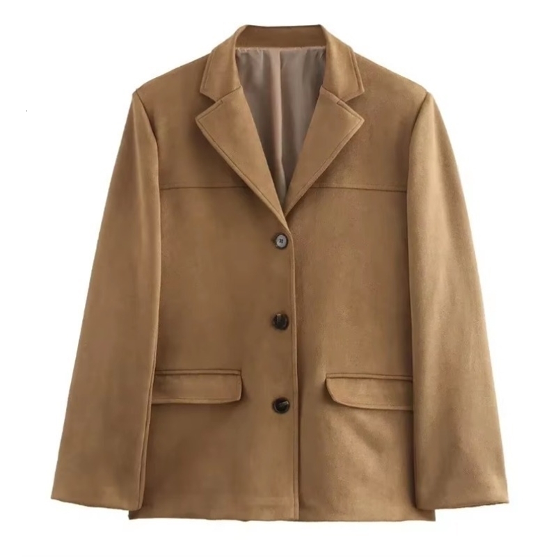 Talenza Vintage Womens Suede Leather Jacket Single Breasted Lapel Brown Blazer Loose Coats Autumn Office Lady Outerwears 250901