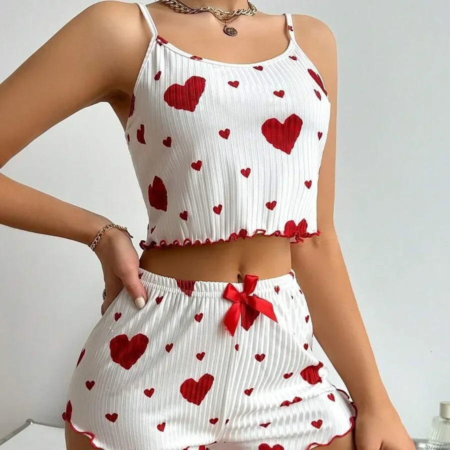 Womens Pajamas Set Sleepwear 2 PCS Short Tank Tops And Shorts S M L White Ventilate Soft Casual Love Printing y250901
