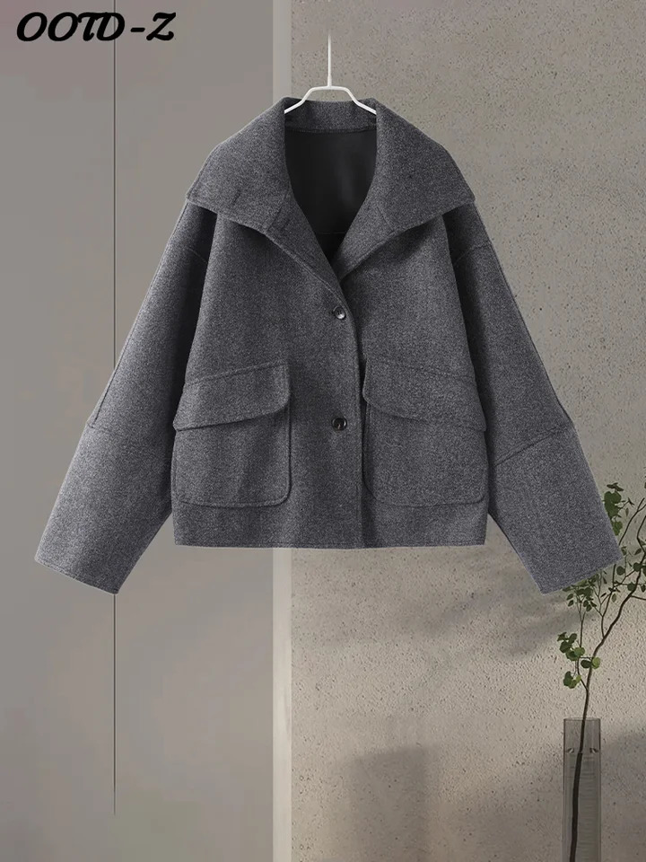 Woolen Solid Women Coat Full Sleeve Lapel Female Jacket Elegant Autumn Winter Casual Button Front Pocket Lady Oversize Top 250911