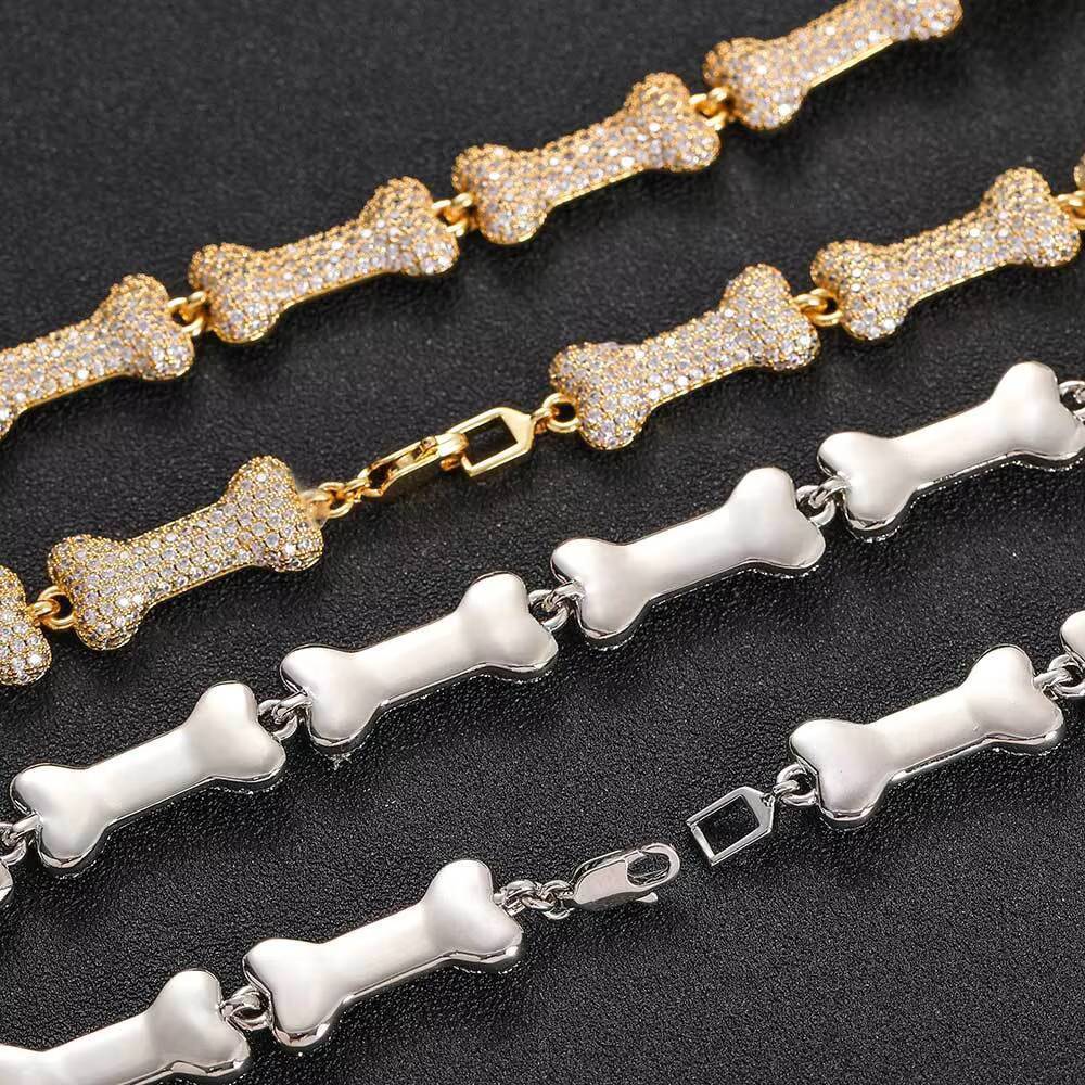 New Arrival 10mm Mens Hip Hop Necklace Jewelry Iced Out CZ Fully Diamond Bone Necklace Chain