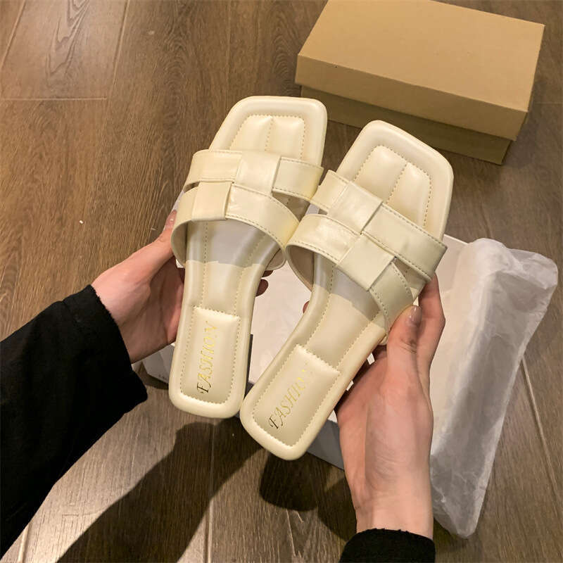 French Style Square Open Toe Chunky Heel Sandals for Women Outdoor 2025 Summer New Fashion Woven One-Strap Beach Slippers