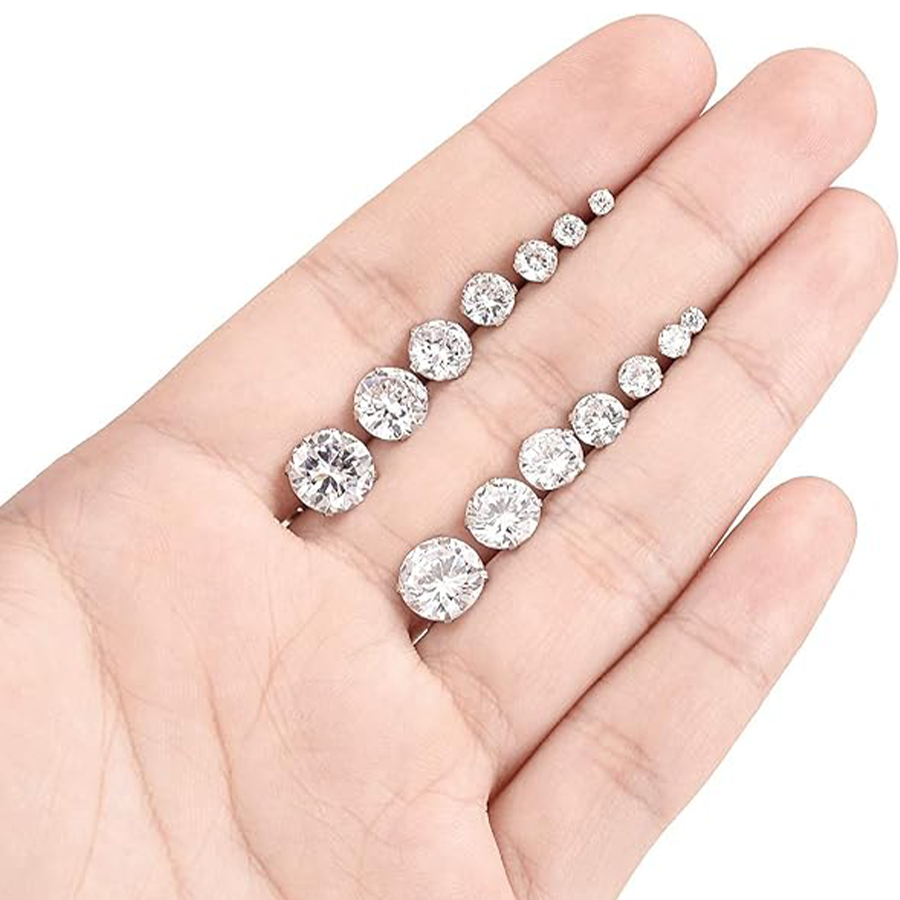 7 Pairs 20G Stainless Steel Stud Earrings Screw Back Round Cubic Zirconia Barbell Earring Set For Men Women 2MM-8MM Silver Tone
