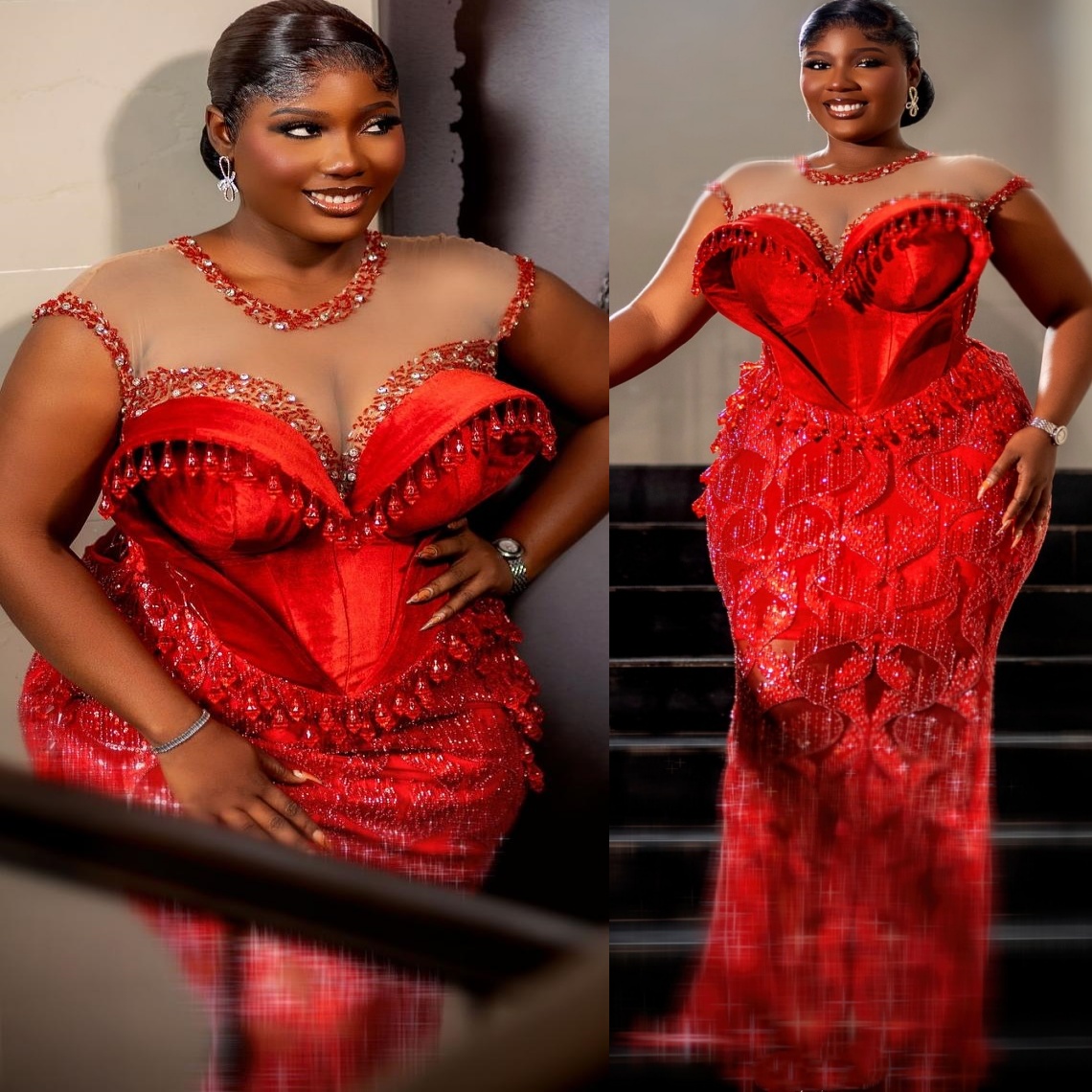 Aso Ebi Mermaid Red Prom Dresses 2025 Sequined Crystals Sheer Neck Evening Formal Party Second Birthday Engagement Gowns Plus Size Dress For Special O