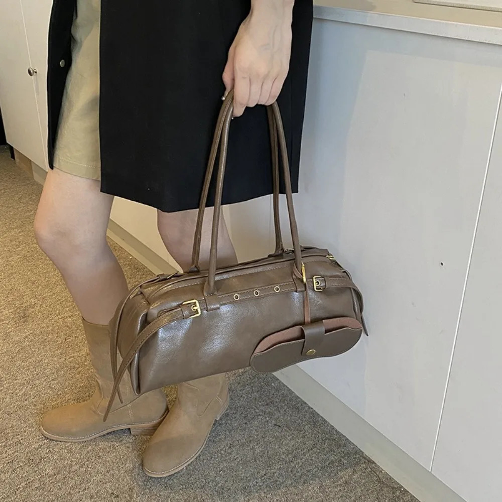 Retro PU Leather Underarm Bag Solid Color Belt Buckle Ladies Handbag Large Capacity Boston Autumn 250901