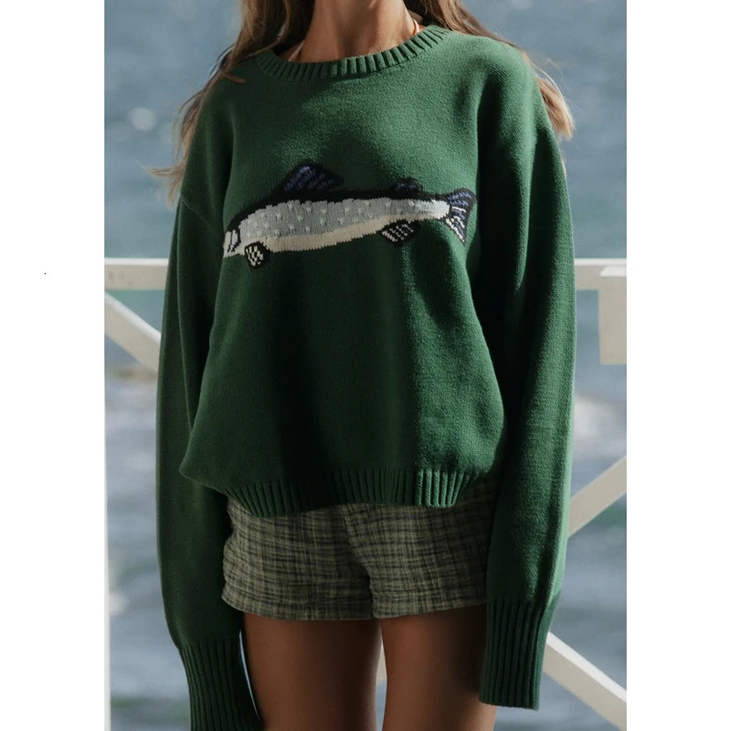 Combhasaki Women Y2K Vintage Ribbed Round Neck Sweater Aesthetic Fish Jacquard Long Sleeve Loose Fit Retro Knitwear Pullover Top 250901