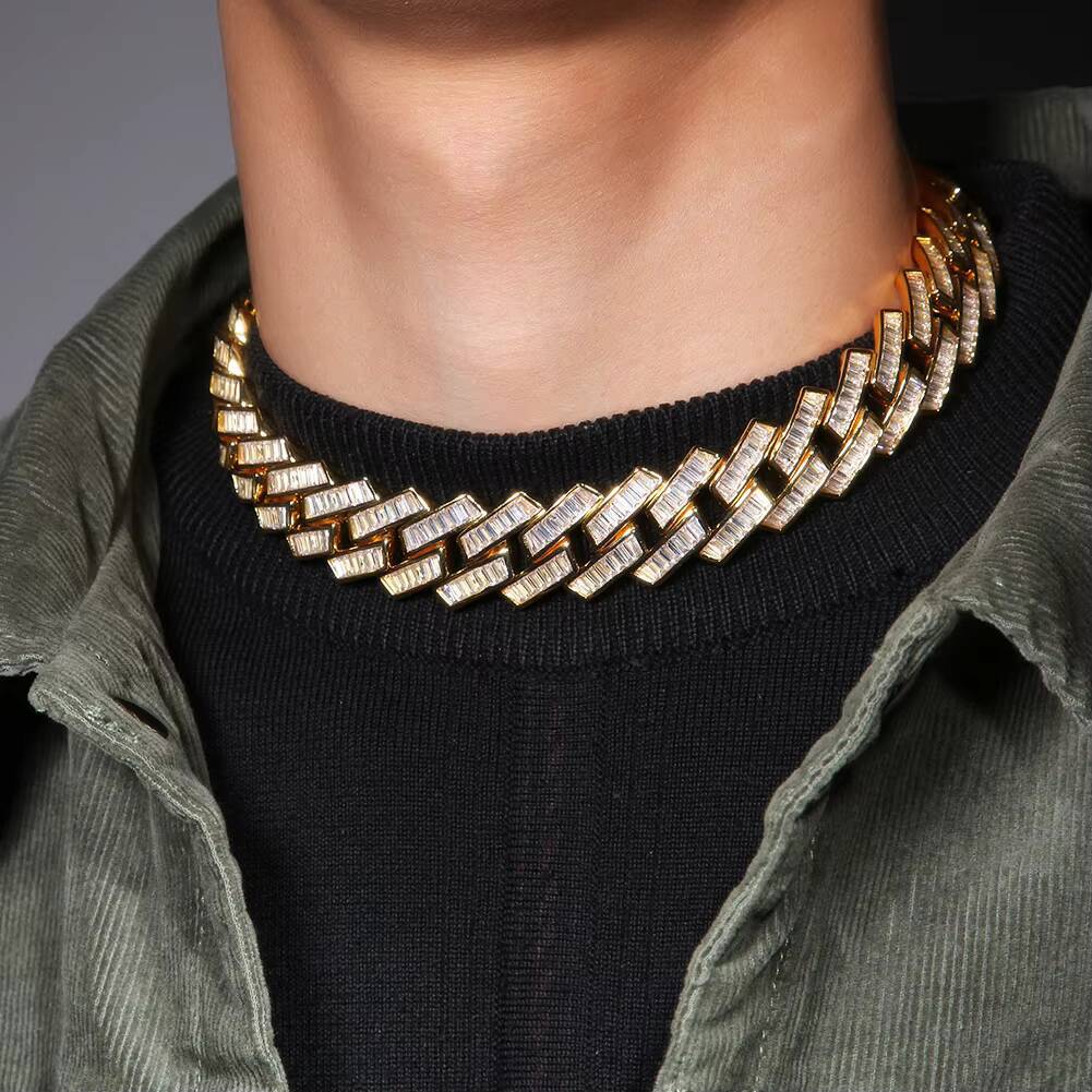15mm Chunky Necklace Men Cuban Link Chain Iced Out 3A CZ Baguette Miami Cuban Chain Necklace