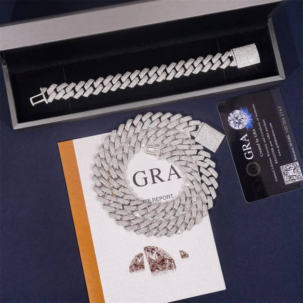 New Hot 925 Silver European American Mens Hip Hop Cuban Style VVS Moissanite Necklace Bracelet 14mm Three Rows Stone Collarbone