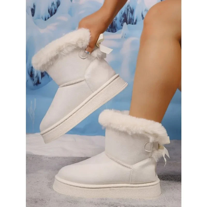Fashion Bow Fleece Thicksoled Large Size Flatbottomed Winter Womens Snow Boots 250901