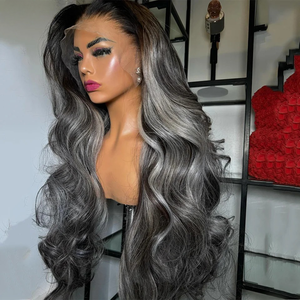 Silver Grey Highlight Human Hair Wigs For Black Women Gluelesss 13x6 13x4 Lace Frontal Wig Colored Pre-Cut Body Wave Transparent Lace Front Wigs