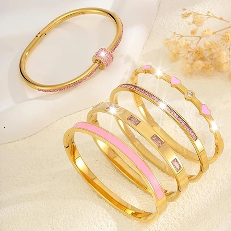 Stackable Gold Color Bangle Bracelet Set for Women 18K Plated Stainless Steel Pink Crystal Love Heart Jewelry 250901