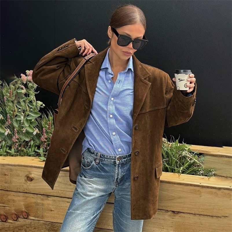 Talenza Vintage Womens Suede Leather Jacket Single Breasted Lapel Brown Blazer Loose Coats Autumn Office Lady Outerwears 250901