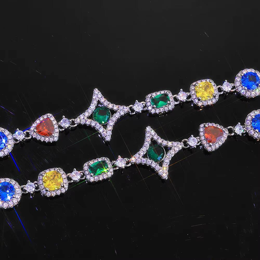Eskeem Hip Hop Geometric Bracelet Colorful Gemstone Link Chain Multicolored Cubic Zirconia Bling Jewelry Gift