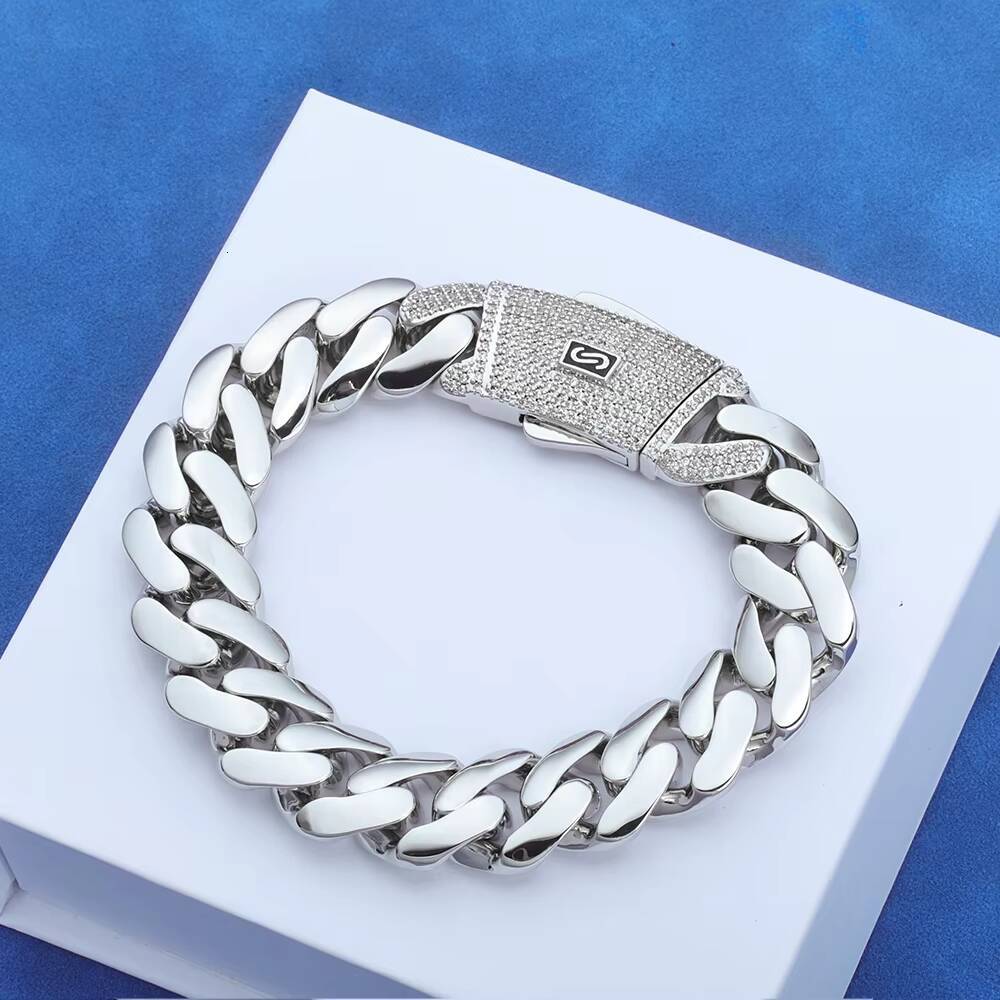 Eskeem 610mm Width Cuban Bracelet Monaco Style 925 Silver Iced Out VVS Moissanite Smooth Links Luxury Fine Jewelry