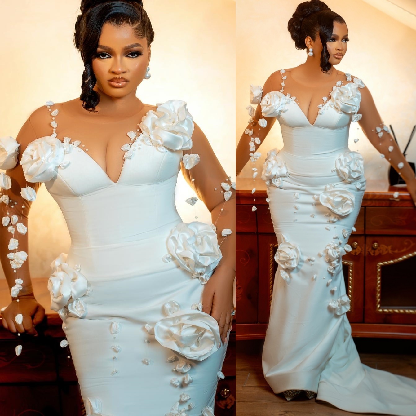 Aso Ebi Ivory Mermaid Prom Dresses 2025 Pearls Flowers Satin Stylish Evening Formal Party Second Birthday Engagement Gowns Plus Size Dress For Special