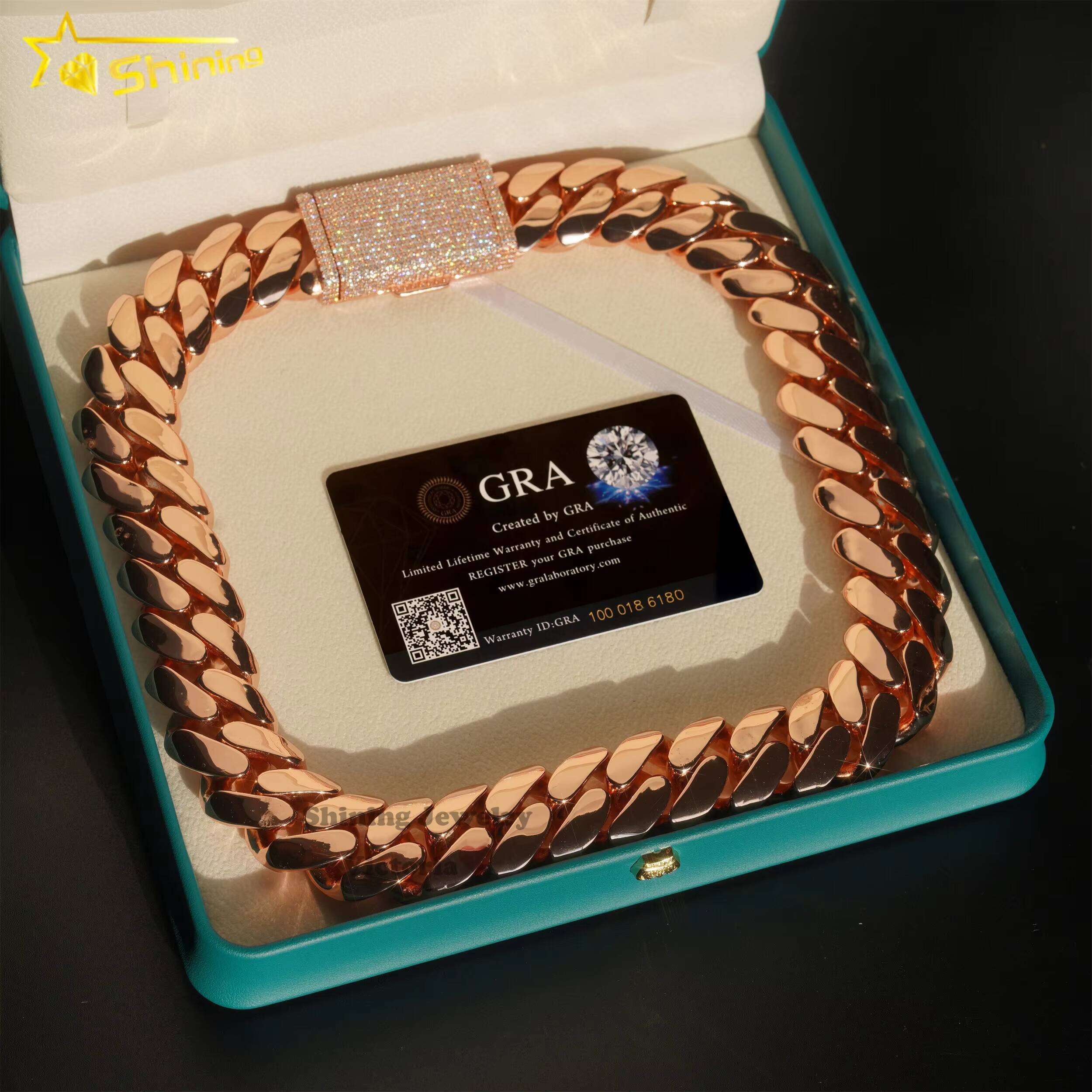 Factory Price Custom 22mm Gold Miami Cuban Link 999 Silver 14k Gold Plated Iced Out Hip Hop Moissanite Lock Cuban Link Chain