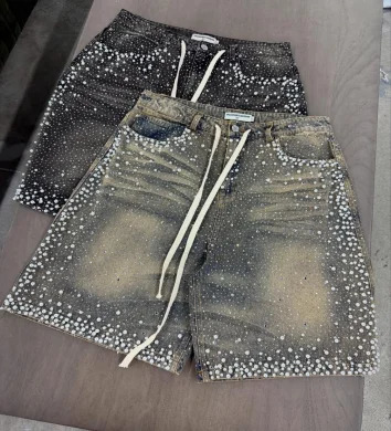 American fashion ins rhinestone jeans high street men and women casual trendy retro water washing casual straight shorts 250901