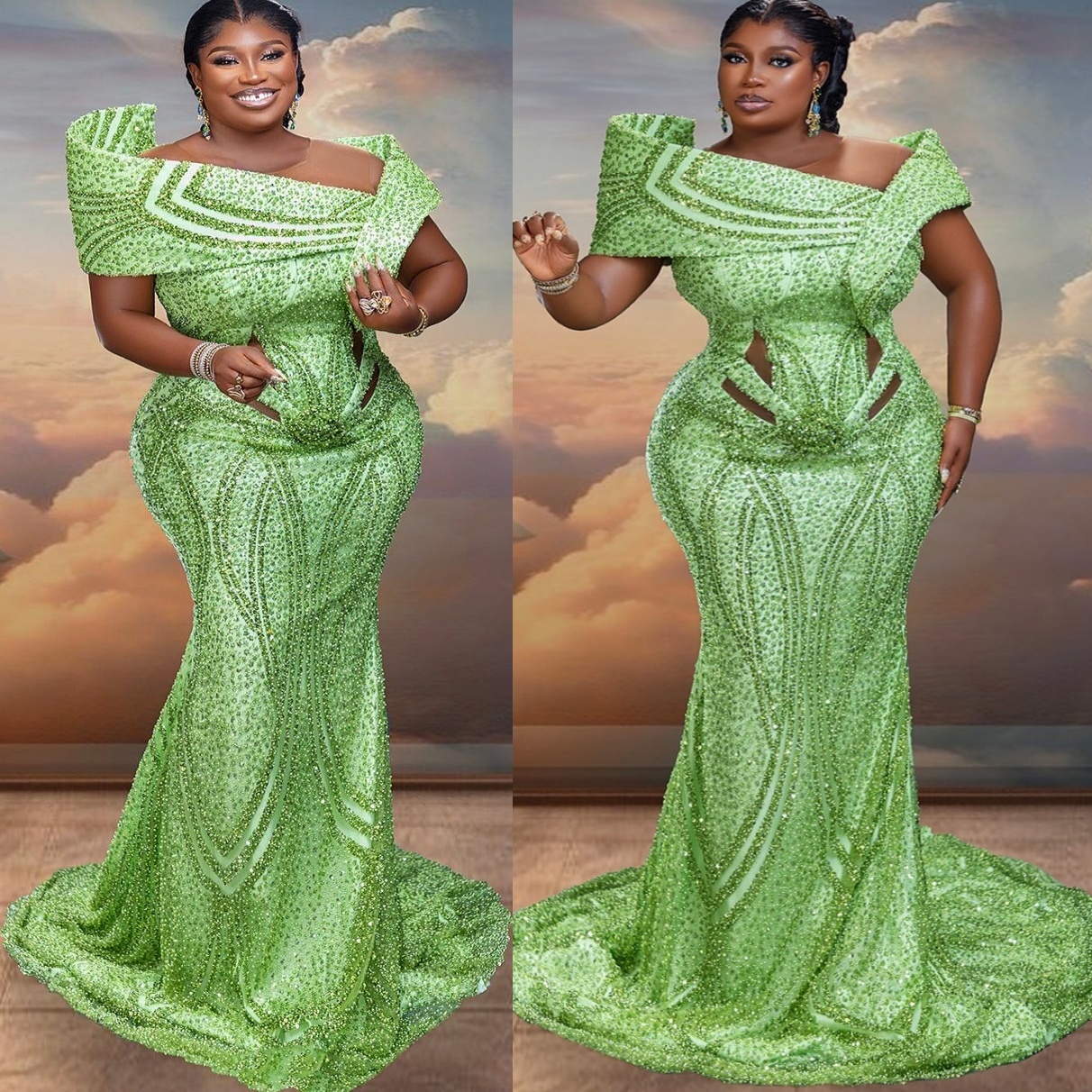 Aso Ebi Kelly Green Mermaid Prom Dresses 2025 Sheer Neck Sequined Evening Formal Party Second Birthday Engagement Gowns Plus Size Dress For Special Oc