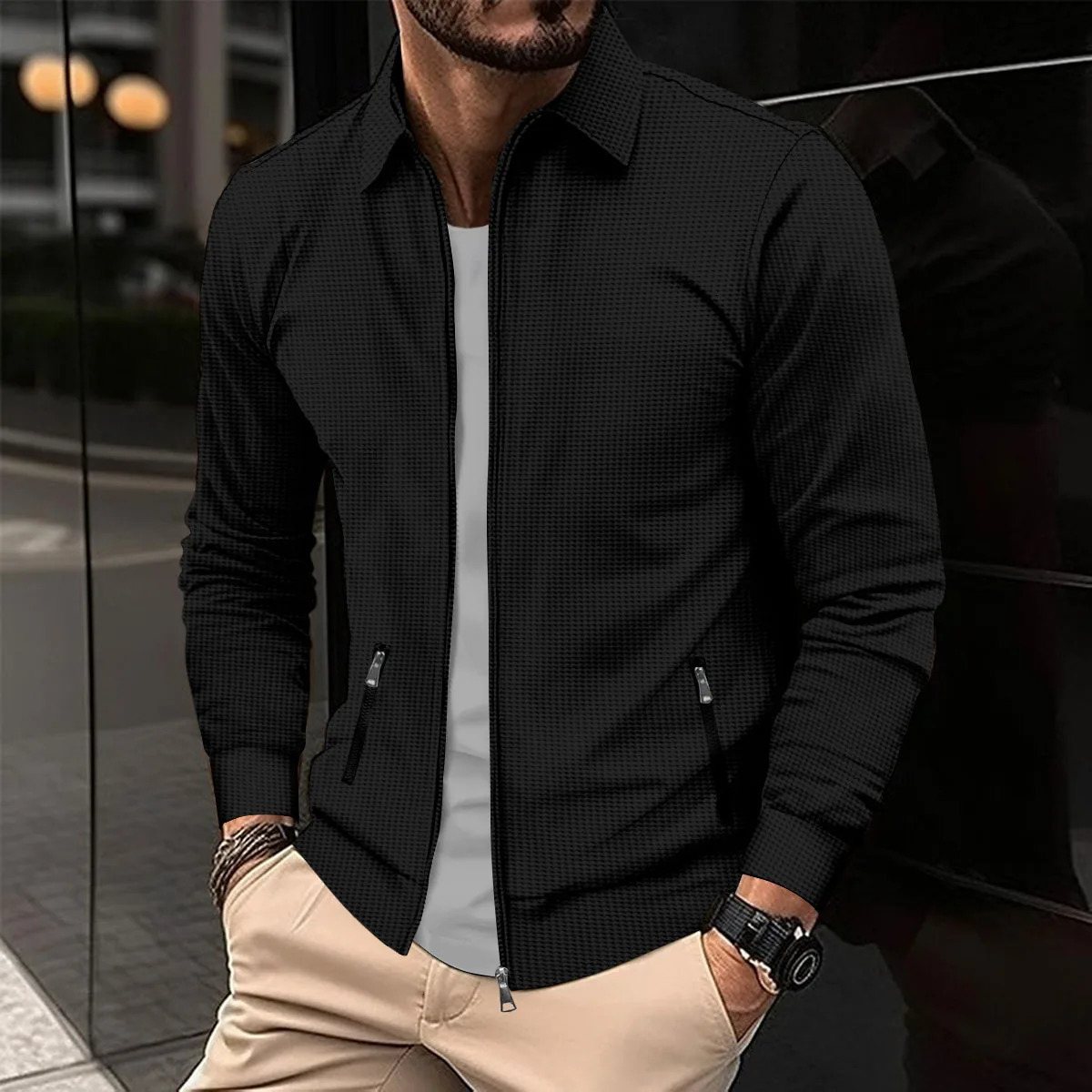 2025 Mens Solid Color Spring And Autumn Season Youth Fug Zipper Pocket Lapel slim Cardigan Mens Jacket 250829