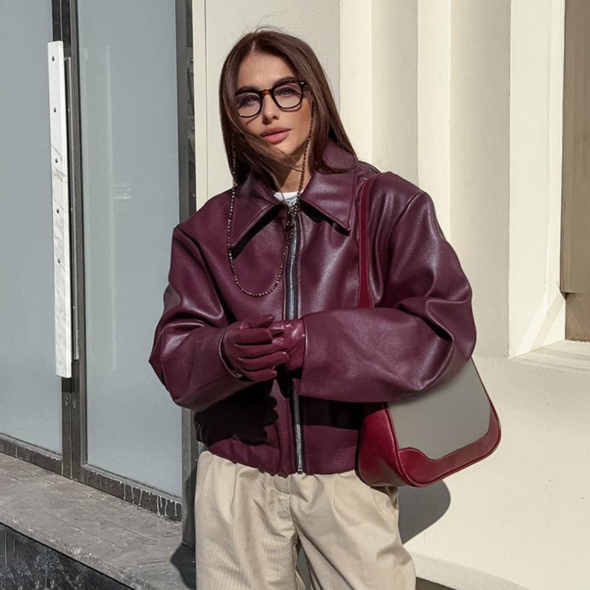 Motorcycle Style Wine Red Leather Jacket for Women 2024 Autumn Fashion Matte Leather Coat Womens Clothing 250226