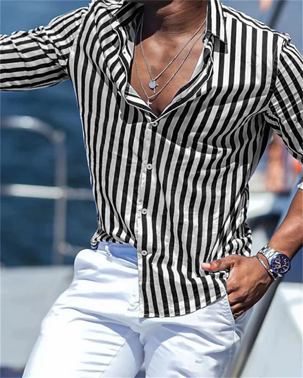 Mens Long sleeved Blue Stripe Printed Shirt Social Mens Wear Hawaii Elegant Classic Fashion Solid Color 250829