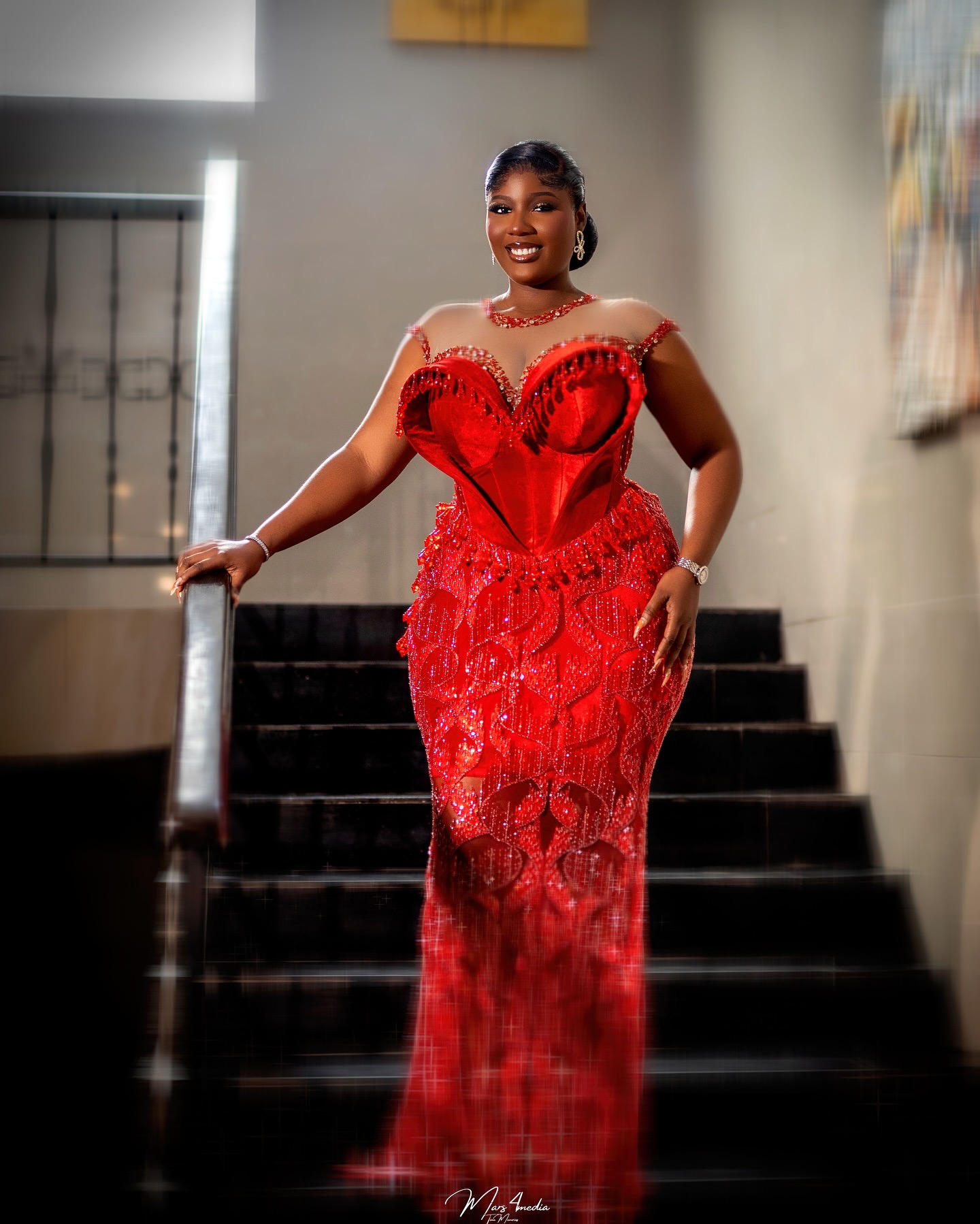 Aso Ebi Mermaid Red Prom Dresses 2025 Sequined Crystals Sheer Neck Evening Formal Party Second Birthday Engagement Gowns Plus Size Dress For Special O