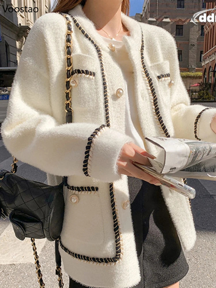 White Mink Cashmere Sweater Coat Women Autumn Winter Lazy Style Korean Retro Black Loose ONeck Knitted Cardigan Fashion Outwear 241108 ddmythur ddmyth