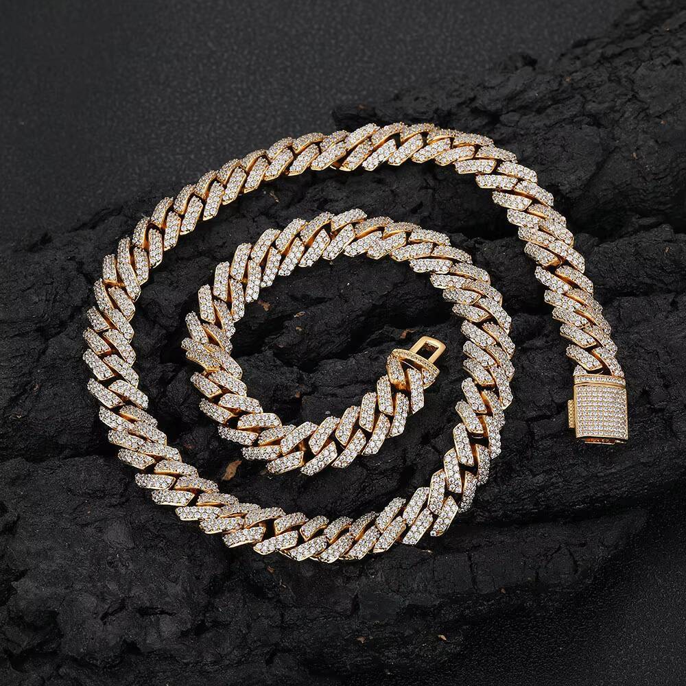 ESKEEM Hiphop Hight Quality 10mm Cuban Link Chain 18K Gold Plated Two Row Diamond Prong Cuban Chain Necklace Rock Jewelry