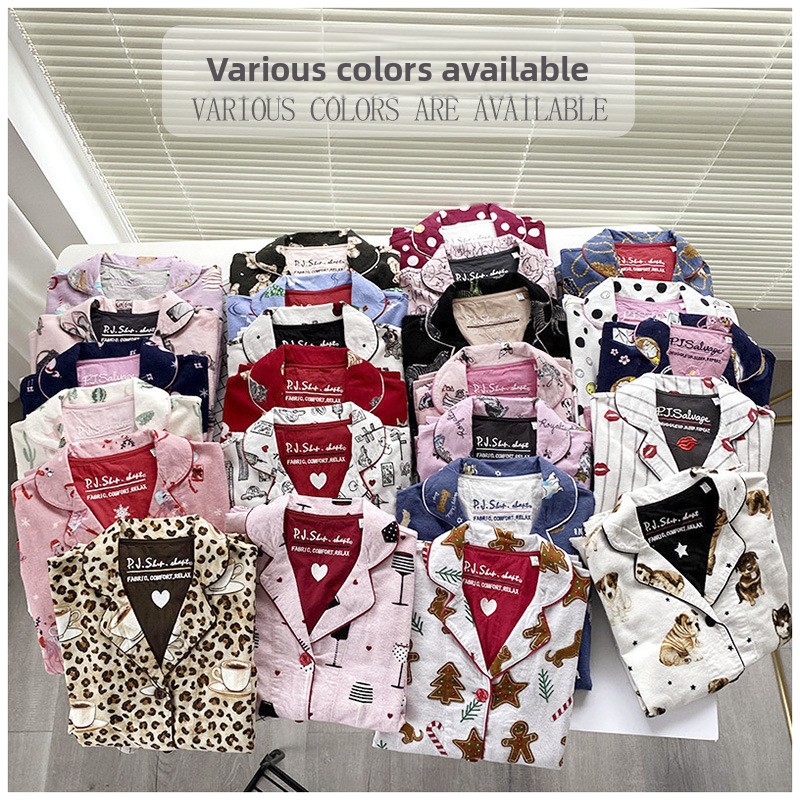 Custom New Pure Cotton 2 Piece Set Pajamas Women Print Cartoon Nightwear Long Sleeve Trousers Set Autumn Loungewear Home Clothes pjs suit