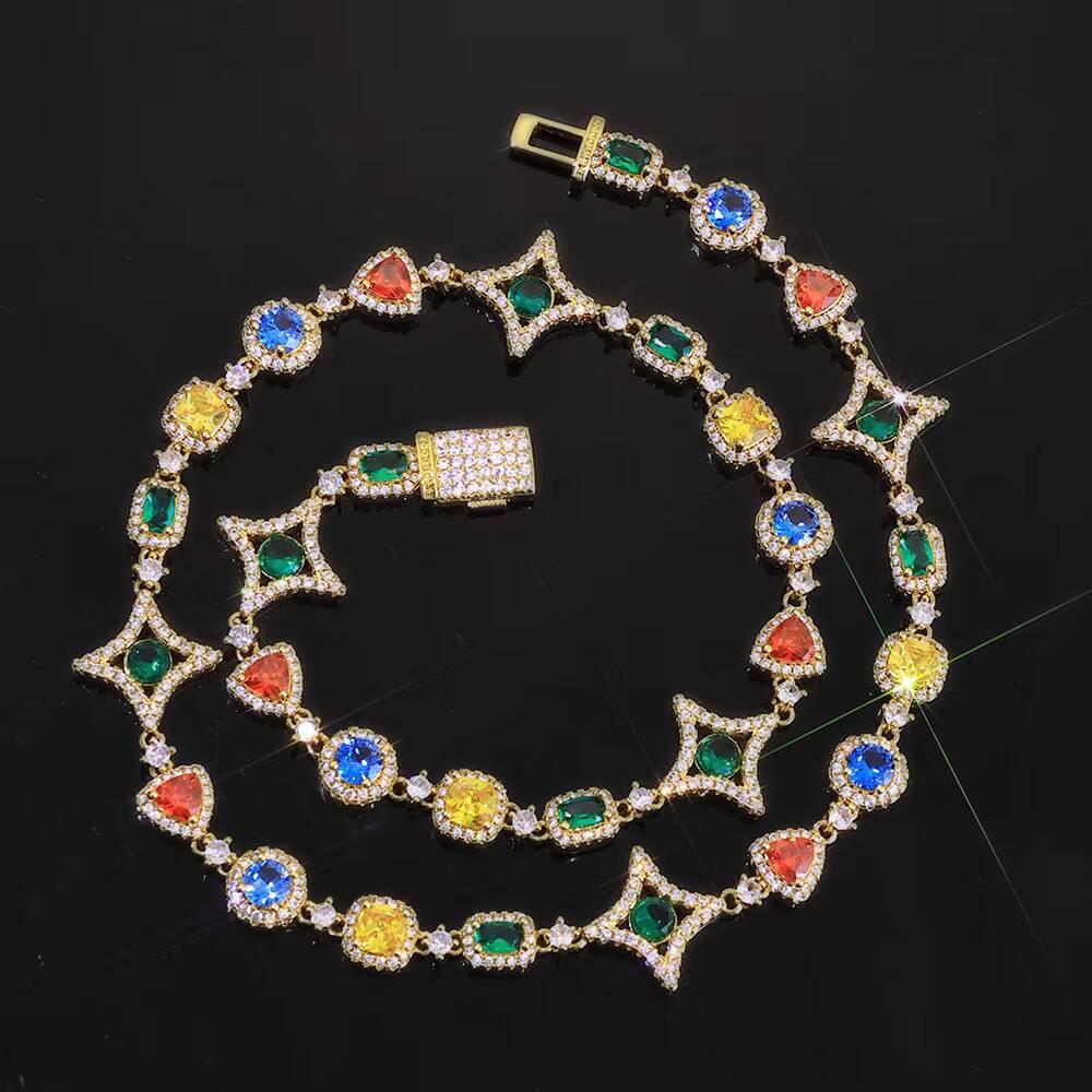 Eskeem Womens Colorful Gemstone Geometric Link Necklace Multicolored Cubic Zirconia Stones Bling Hip Hop Jewelry