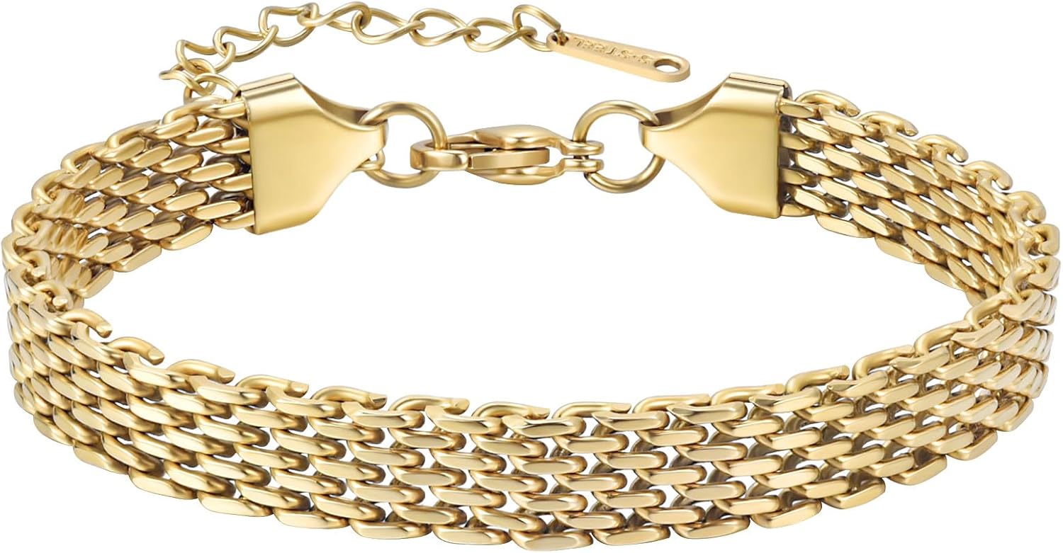 14K gold bracelets for women Adjustable gold plated Link Bracelets - Non Tarnish, Waterproof Mesh Bangle Bracelets Lightweight Trendy Chunk