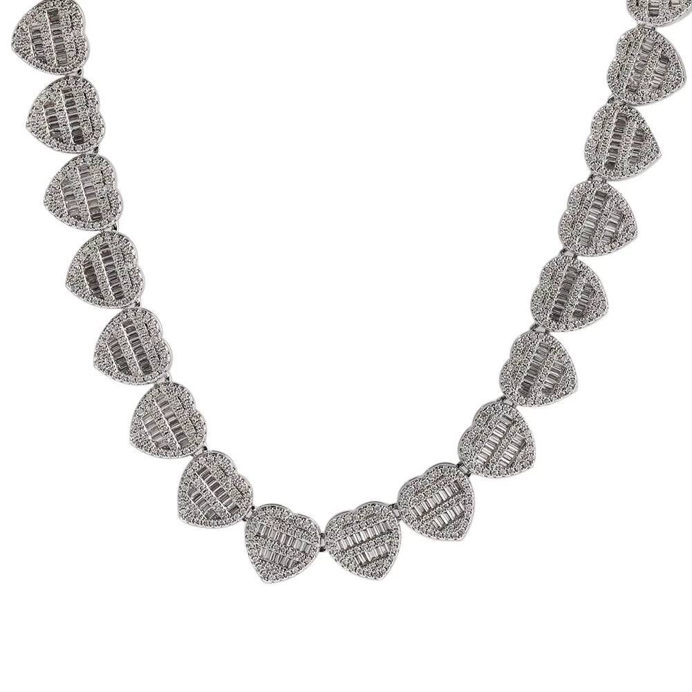 Hip Hop Fashion Men Women Charm Necklace Iced Out Fully Baguette CZ Diamond Heart Chain Necklace