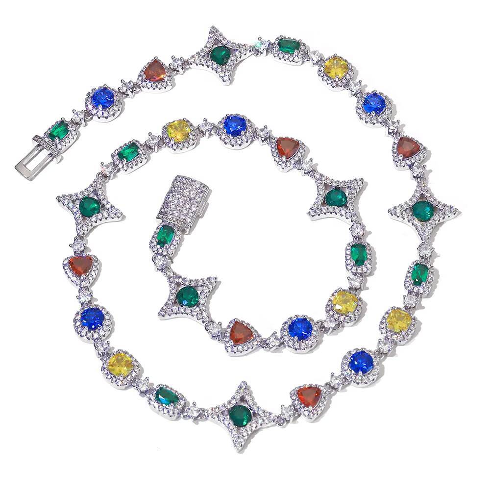Eskeem Womens Colorful Gemstone Geometric Link Necklace Multicolored Cubic Zirconia Stones Bling Hip Hop Jewelry