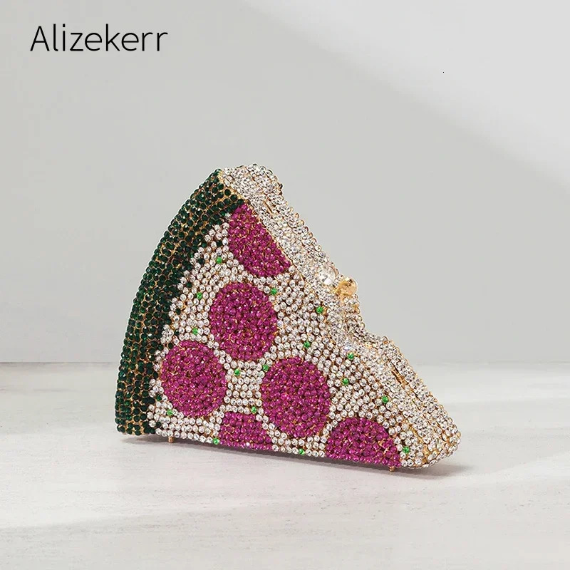 Alizekerr Pizza Shaped Diamond Evening Clutch Bags Gorgeous Unique Metallic Watermelon Rhinestone Purses Wedding Party 250901