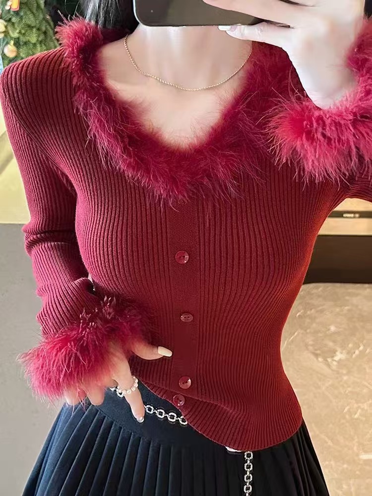 LV141 splicing feather sweater women's autumn and winter knitted sweater long sleeve top