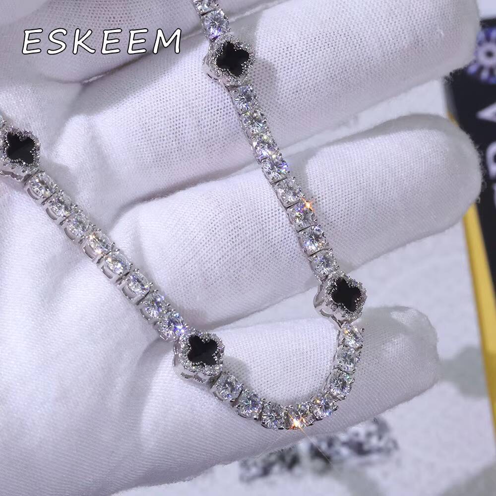 New Arrival 925 Sterling Silver Hip Hop VVS Moissanite 4mm Clover Tennis Chain Necklace Gold Plated Fashion Gift