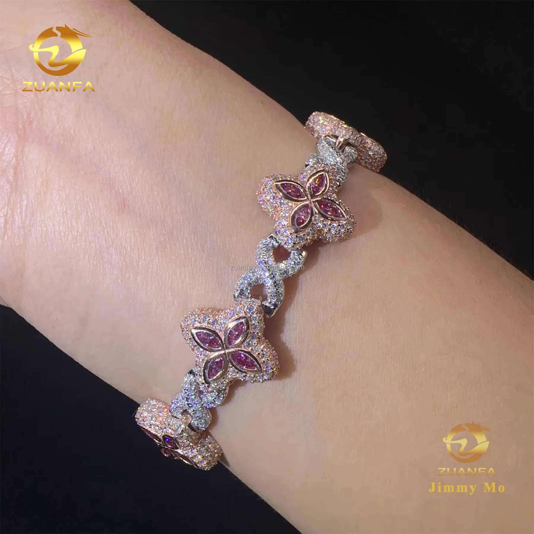 New Design 15mm Marquise Flower Luxury Jewelry Hip Hop Jewelry Iced Out Pink Moissanite Diamond Infinity Cuban Link Bracelet