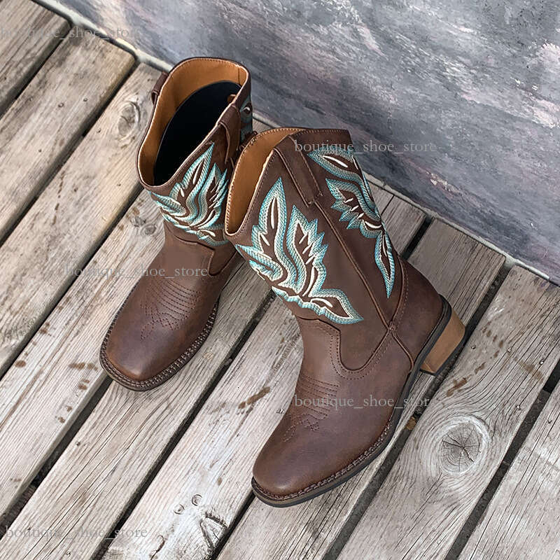 2025 New Embroidered Long Leg Cycling Square Toe Thick Heel Autumn Genuine Leather Women's Cowboy Boots