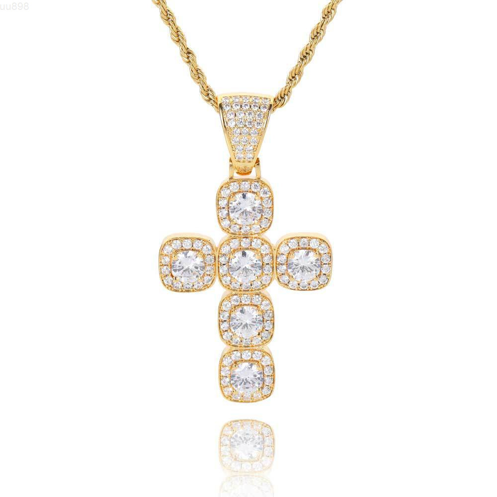 Men Bling Hip Hop Pendant Jewelry 18k Gold Plated Iced Out CZ Charms Baguette Cross Pendant Necklace