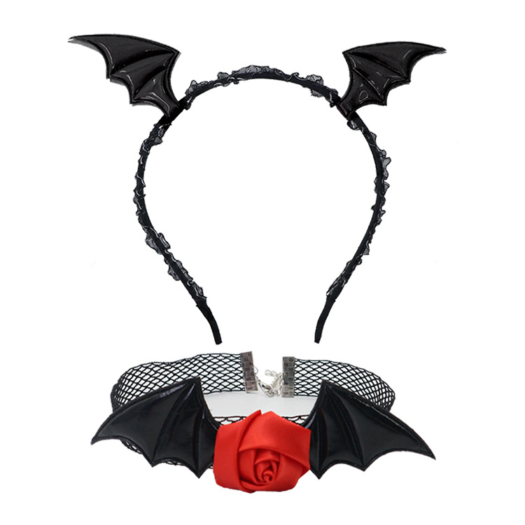 Stage Wear Halloween Bat Wing Headband Rose Choker Necklace - Sexy Costume Accessory Set