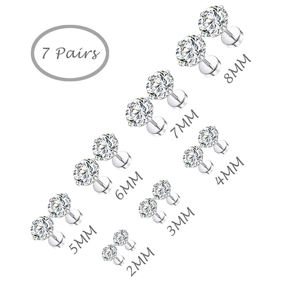 7 Pairs 20G Stainless Steel Stud Earrings Screw Back Round Cubic Zirconia Barbell Earring Set For Men Women 2MM-8MM Silver Tone