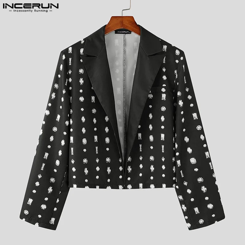 INCERUN Men Cropped Blazer Lapel Collar V Neck Open Front Long Sleeve Diamond Printed Party Wear Office Business Suit 250901